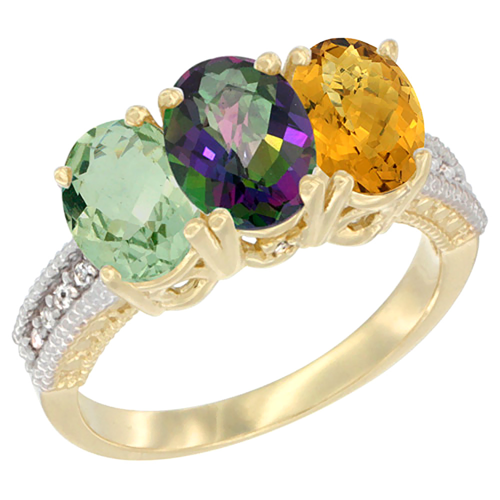 14K Yellow Gold Natural Green Amethyst, Mystic Topaz & Whisky Quartz Ring 3-Stone 7x5 mm Oval Diamond Accent, sizes 5 - 10