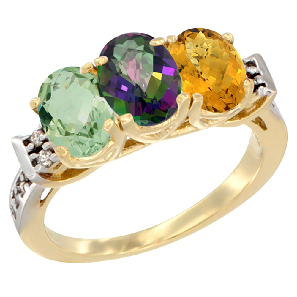 14K Yellow Gold Natural Green Amethyst, Mystic Topaz & Whisky Quartz Ring 3-Stone 7x5 mm Oval Diamond Accent, sizes 5 - 10