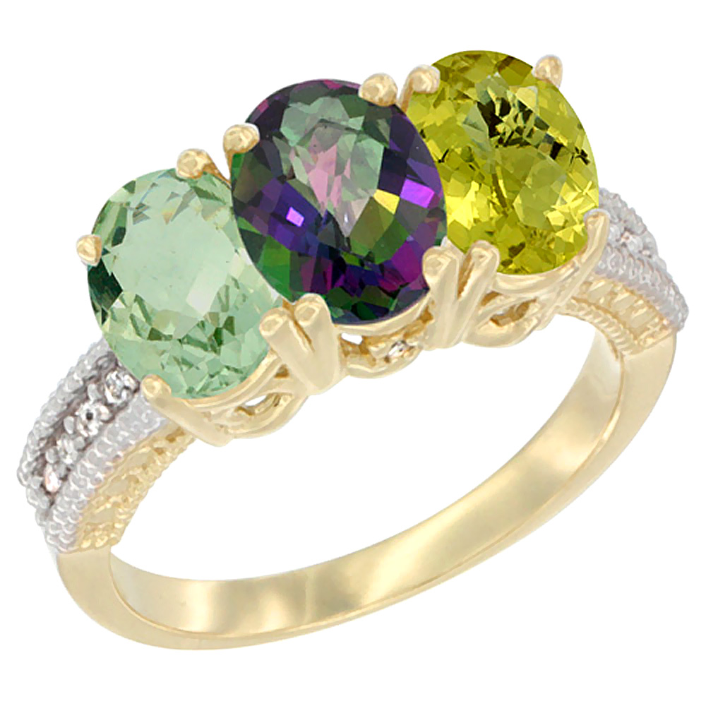 10K Yellow Gold Diamond Natural Green Amethyst, Mystic Topaz & Lemon Quartz Ring 3-Stone Oval 7x5 mm, sizes 5 - 10