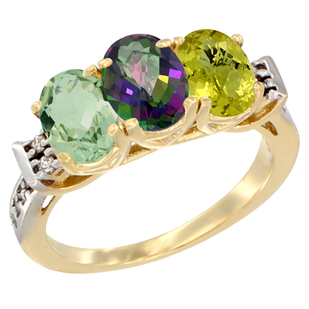 14K Yellow Gold Natural Green Amethyst, Mystic Topaz &amp; Lemon Quartz Ring 3-Stone 7x5 mm Oval Diamond Accent, sizes 5 - 10