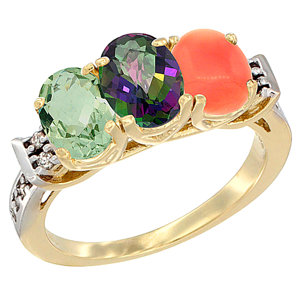 14K Yellow Gold Natural Green Amethyst, Mystic Topaz &amp; Coral Ring 3-Stone 7x5 mm Oval Diamond Accent, sizes 5 - 10