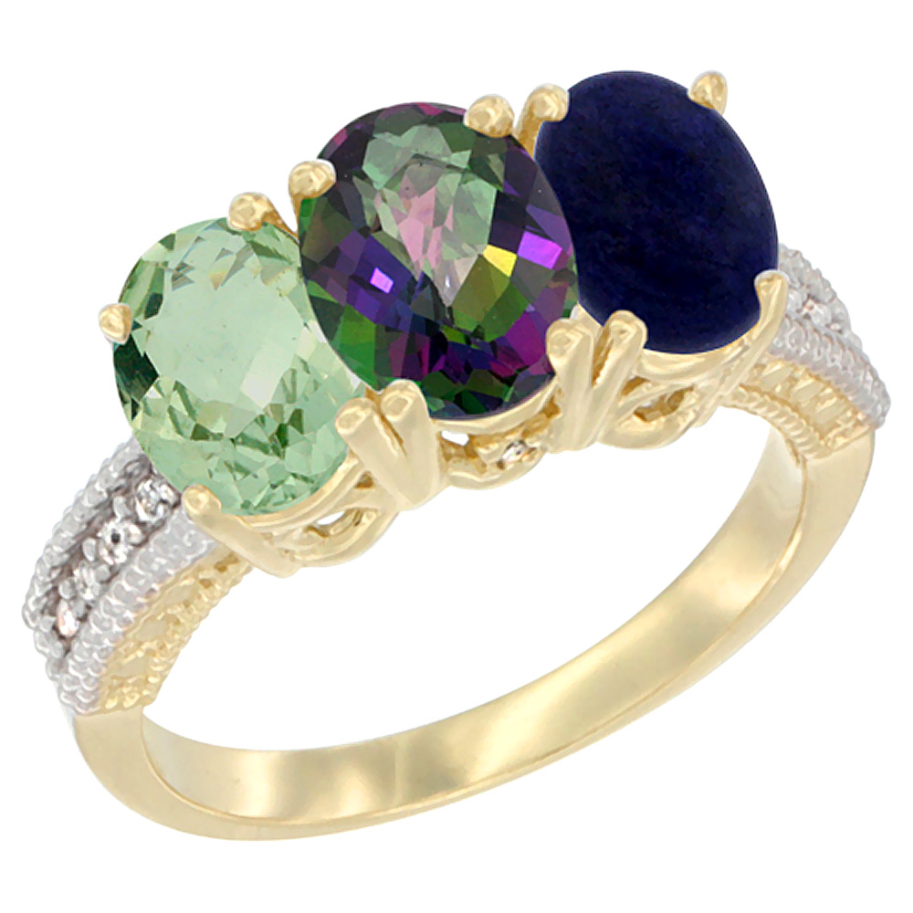 10K Yellow Gold Diamond Natural Green Amethyst, Mystic Topaz & Lapis Ring 3-Stone Oval 7x5 mm, sizes 5 - 10