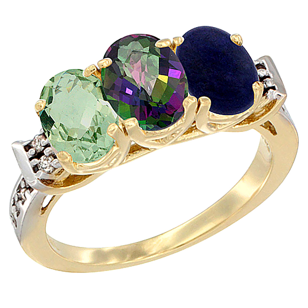 14K Yellow Gold Natural Green Amethyst, Mystic Topaz &amp; Lapis Ring 3-Stone 7x5 mm Oval Diamond Accent, sizes 5 - 10