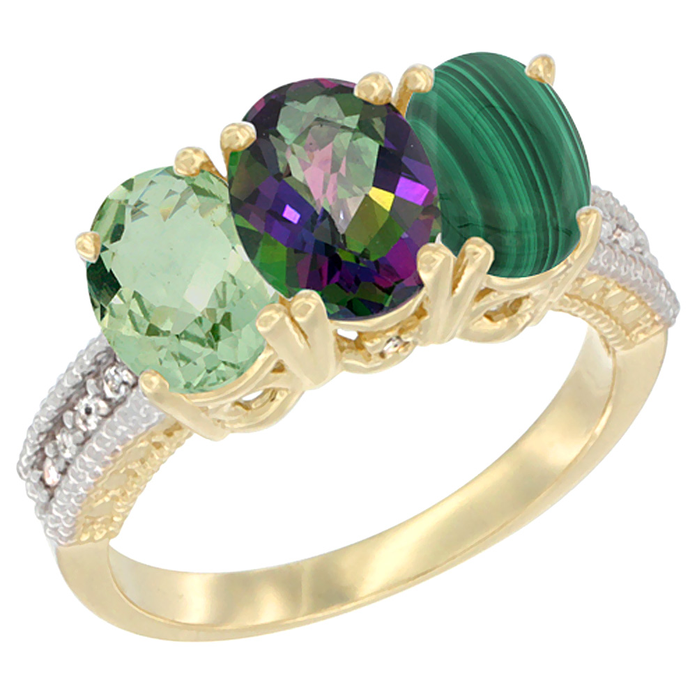 14K Yellow Gold Natural Green Amethyst, Mystic Topaz & Malachite Ring 3-Stone 7x5 mm Oval Diamond Accent, sizes 5 - 10