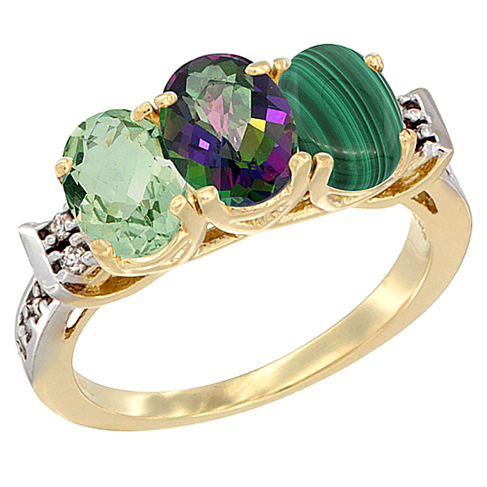 14K Yellow Gold Natural Green Amethyst, Mystic Topaz &amp; Malachite Ring 3-Stone 7x5 mm Oval Diamond Accent, sizes 5 - 10