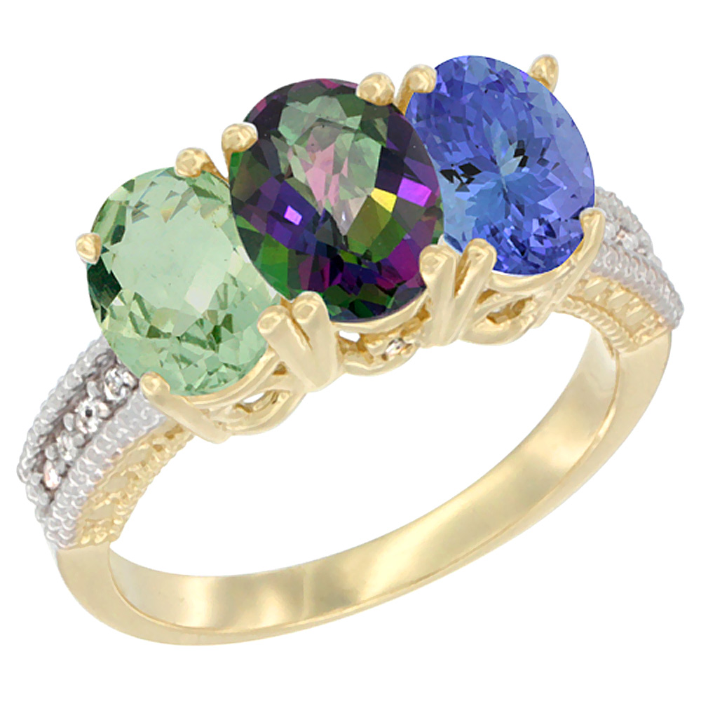 14K Yellow Gold Natural Green Amethyst, Mystic Topaz &amp; Tanzanite Ring 3-Stone 7x5 mm Oval Diamond Accent, sizes 5 - 10