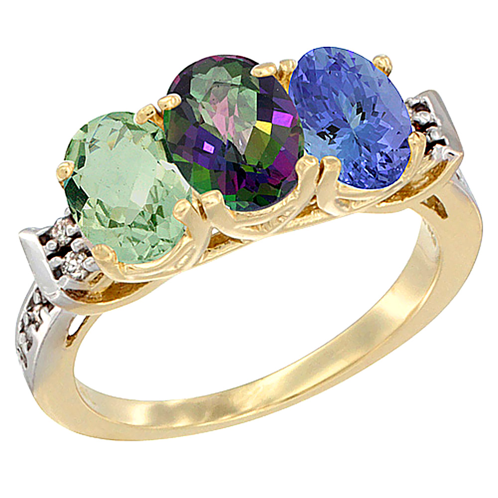 14K Yellow Gold Natural Green Amethyst, Mystic Topaz &amp; Tanzanite Ring 3-Stone 7x5 mm Oval Diamond Accent, sizes 5 - 10