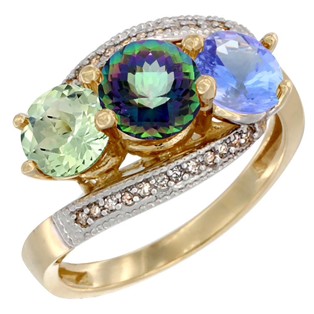 10K Yellow Gold Natural Green Amethyst, Mystic Topaz &amp; Tanzanite 3 stone Ring Round 6mm Diamond Accent, sizes 5 - 10