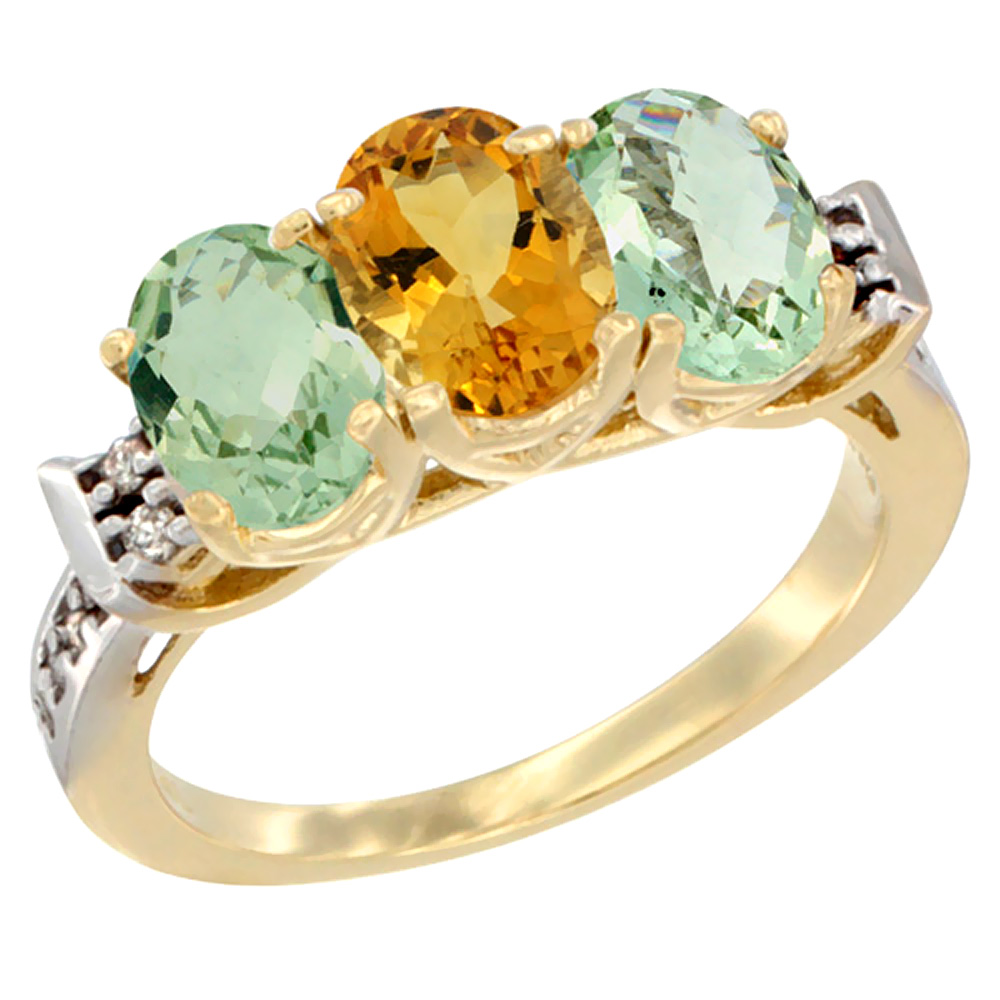 14K Yellow Gold Natural Citrine & Green Amethyst Sides Ring 3-Stone 7x5 mm Oval Diamond Accent, sizes 5 - 10