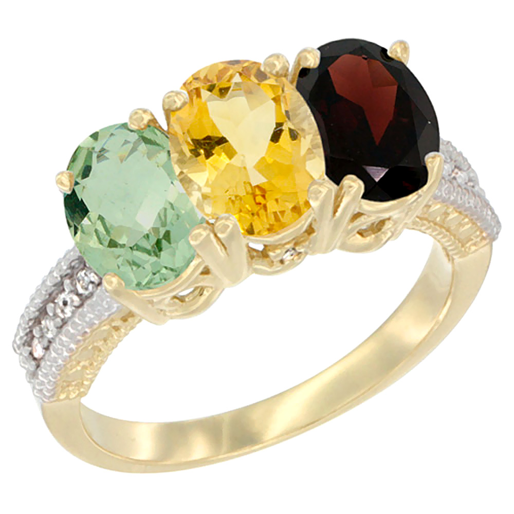 10K Yellow Gold Diamond Natural Green Amethyst, Citrine & Garnet Ring 3-Stone Oval 7x5 mm, sizes 5 - 10