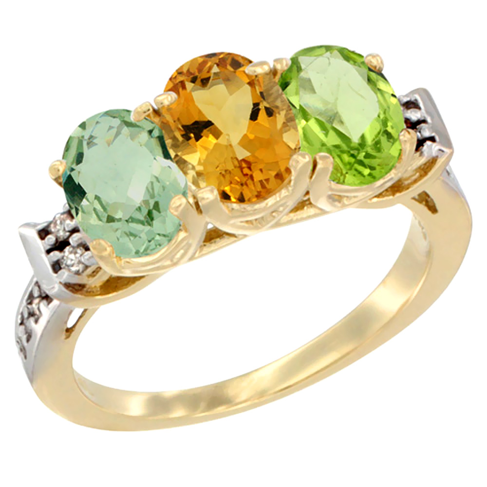 14K Yellow Gold Natural Green Amethyst, Citrine & Peridot Ring 3-Stone 7x5 mm Oval Diamond Accent, sizes 5 - 10