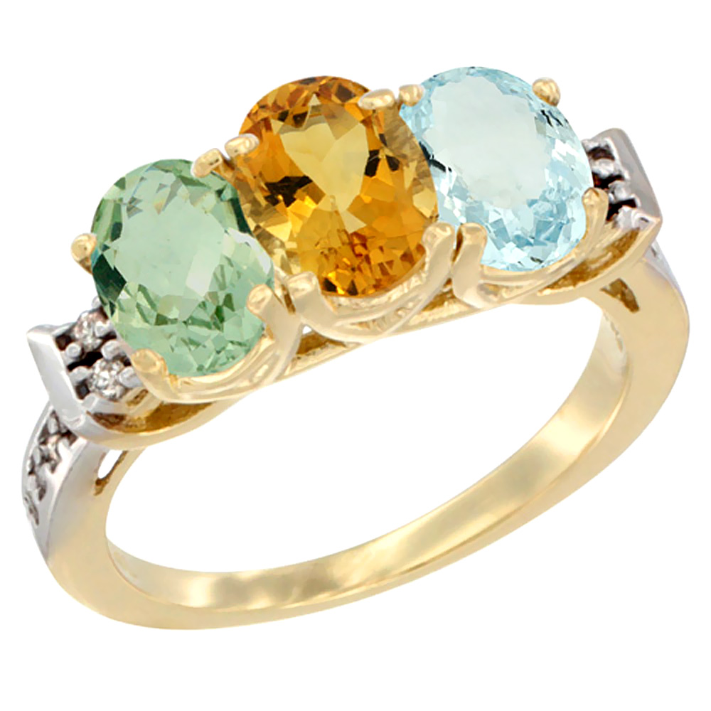 14K Yellow Gold Natural Green Amethyst, Citrine & Aquamarine Ring 3-Stone 7x5 mm Oval Diamond Accent, sizes 5 - 10