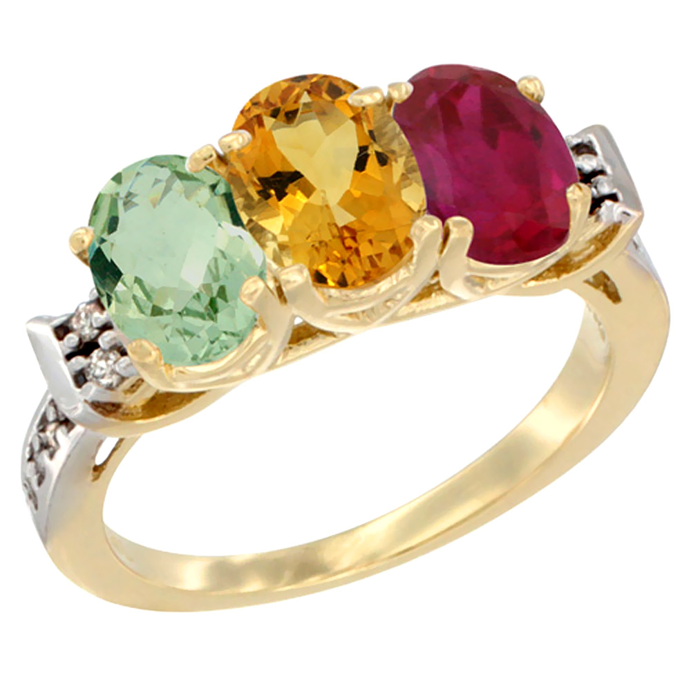 14K Yellow Gold Natural Green Amethyst, Citrine & Enhanced Ruby Ring 3-Stone 7x5 mm Oval Diamond Accent, sizes 5 - 10