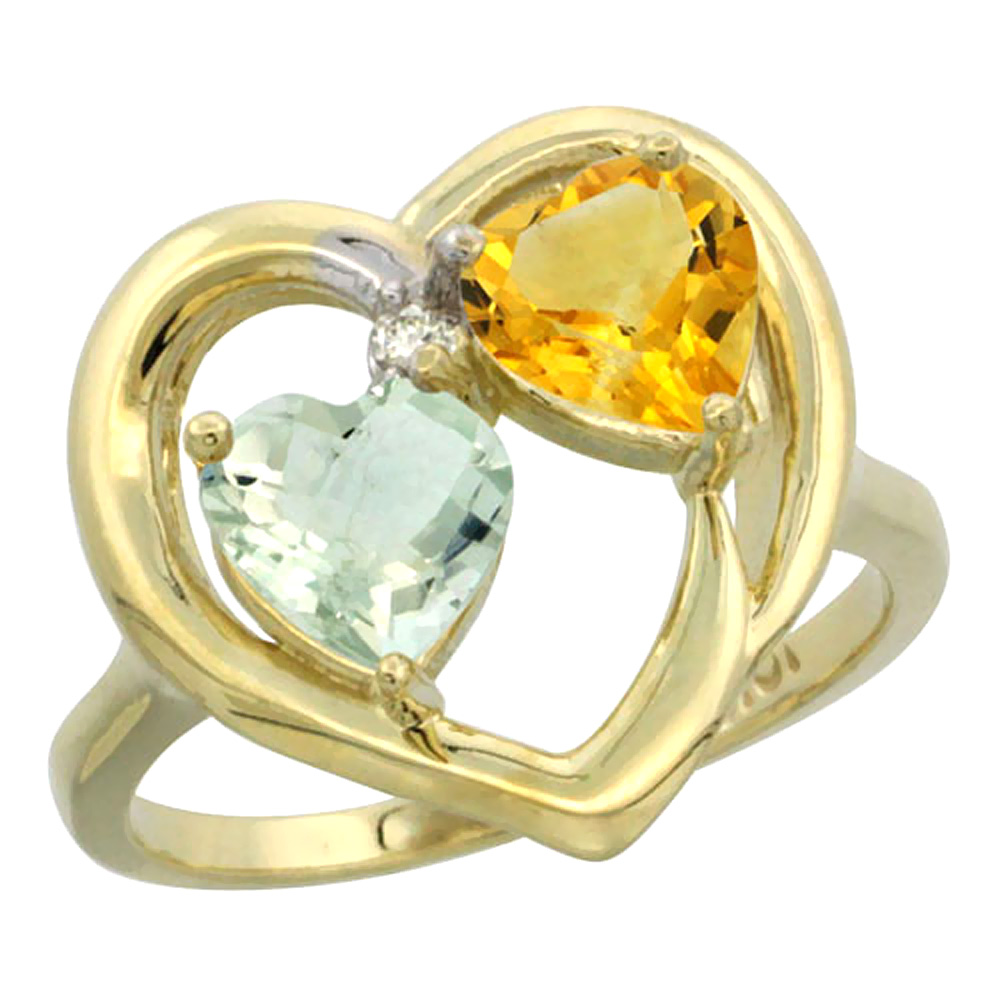 14K Yellow Gold Diamond Two-stone Heart Ring 6mm Natural Green Amethyst &amp; Citrine, sizes 5-10