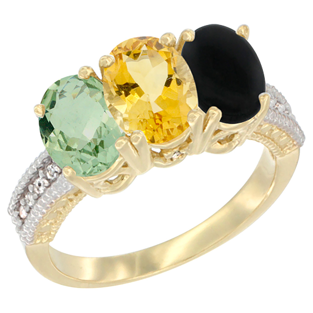 14K Yellow Gold Natural Green Amethyst, Citrine & Black Onyx Ring 3-Stone 7x5 mm Oval Diamond Accent, sizes 5 - 10