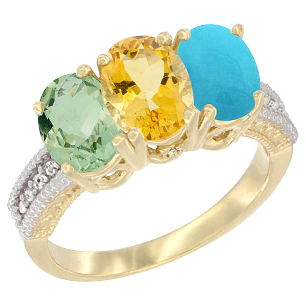 14K Yellow Gold Natural Green Amethyst, Citrine & Turquoise Ring 3-Stone 7x5 mm Oval Diamond Accent, sizes 5 - 10