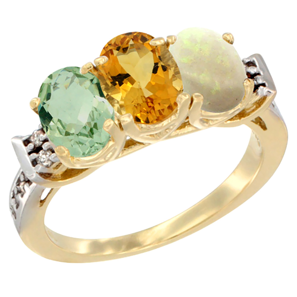 14K Yellow Gold Natural Green Amethyst, Citrine & Opal Ring 3-Stone 7x5 mm Oval Diamond Accent, sizes 5 - 10