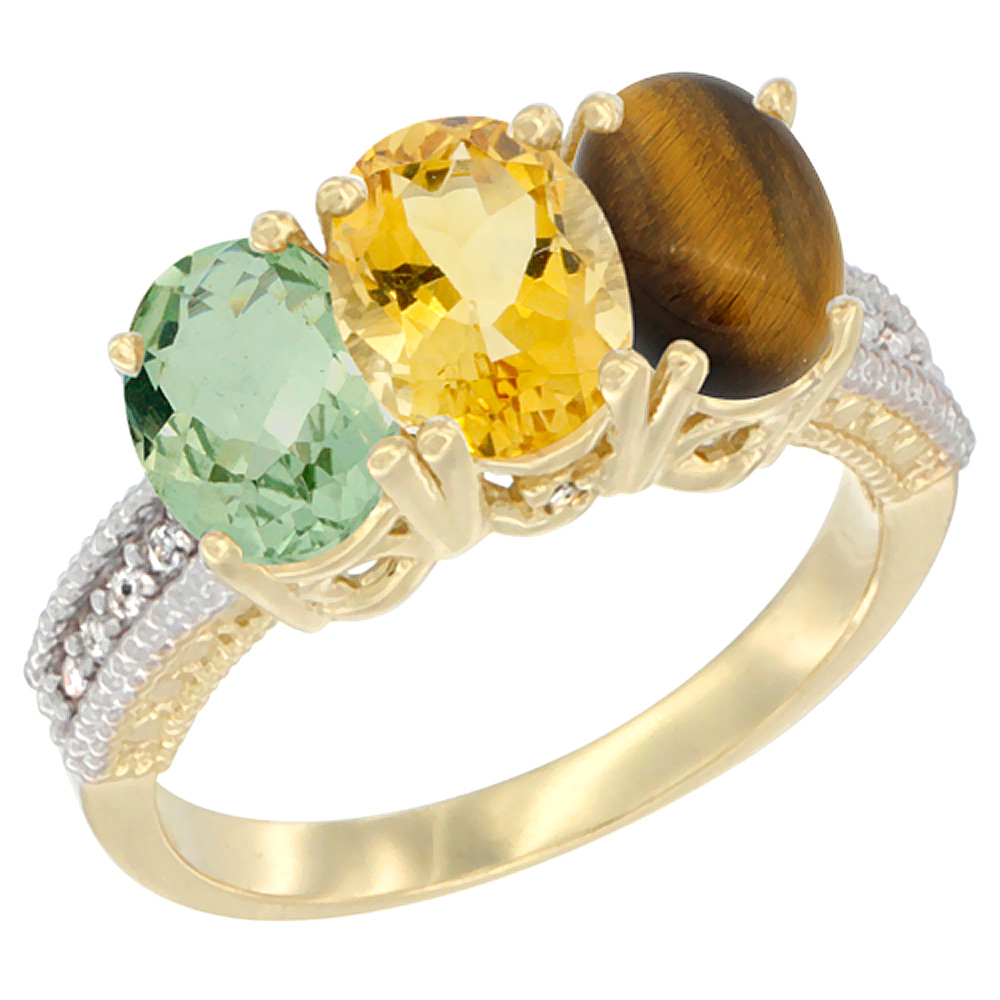 14K Yellow Gold Natural Green Amethyst, Citrine & Tiger Eye Ring 3-Stone 7x5 mm Oval Diamond Accent, sizes 5 - 10