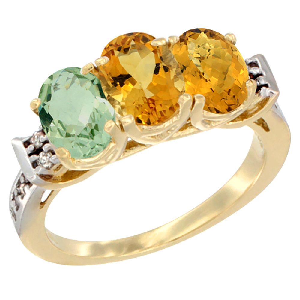 14K Yellow Gold Natural Green Amethyst, Citrine & Whisky Quartz Ring 3-Stone 7x5 mm Oval Diamond Accent, sizes 5 - 10