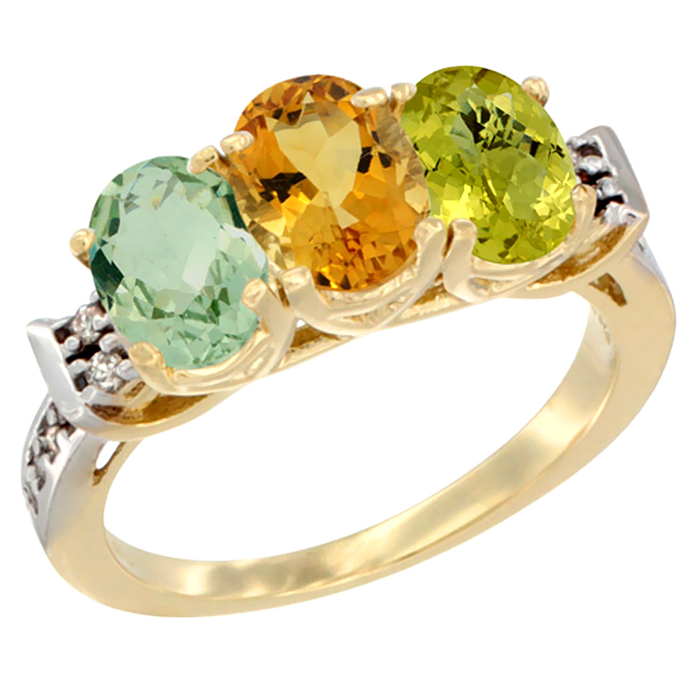 14K Yellow Gold Natural Green Amethyst, Citrine & Lemon Quartz Ring 3-Stone 7x5 mm Oval Diamond Accent, sizes 5 - 10