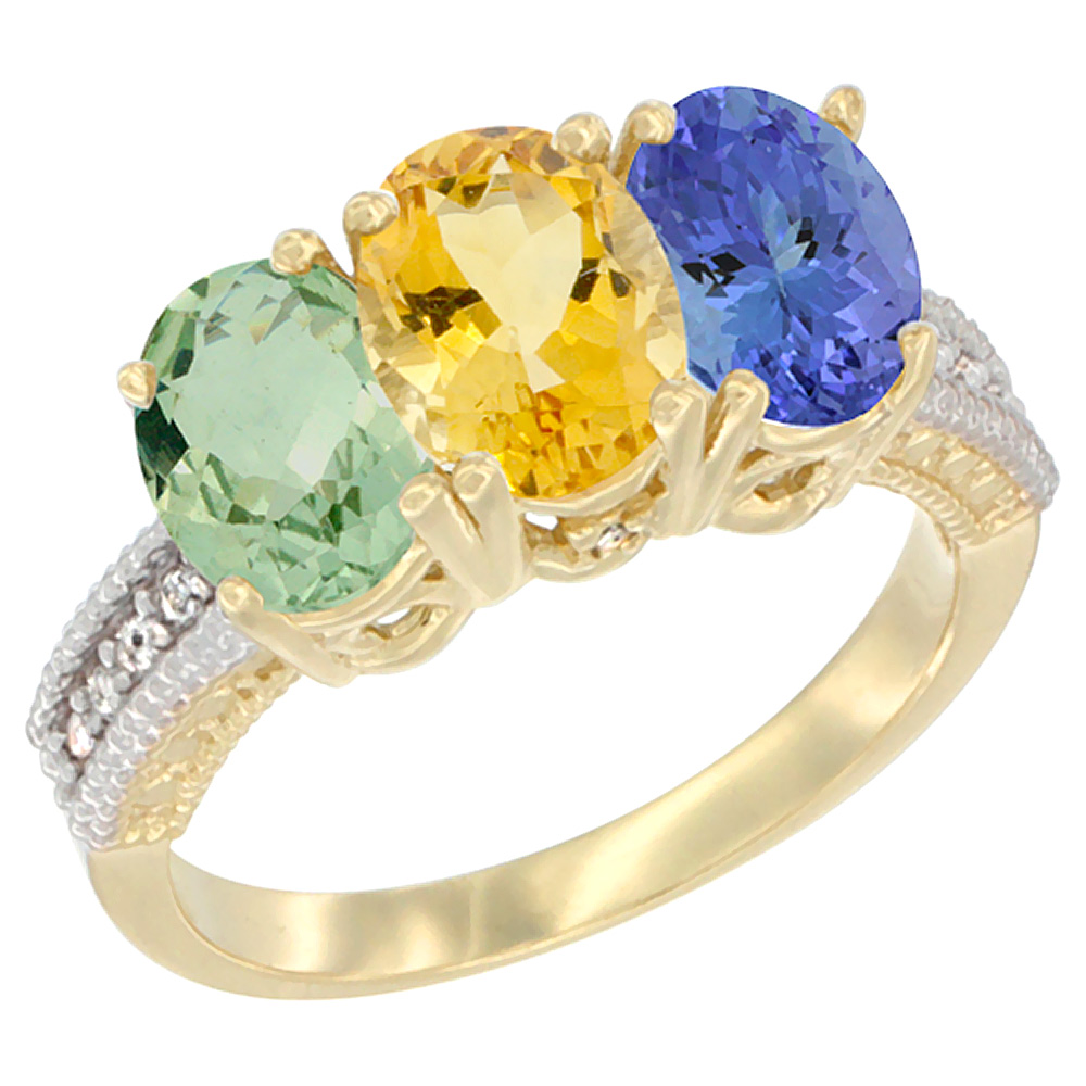 14K Yellow Gold Natural Green Amethyst, Citrine & Tanzanite Ring 3-Stone 7x5 mm Oval Diamond Accent, sizes 5 - 10