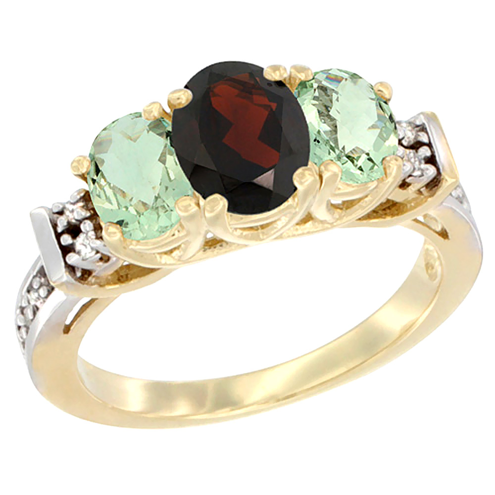 14K Yellow Gold Natural Garnet & Green Amethyst Ring 3-Stone Oval Diamond Accent