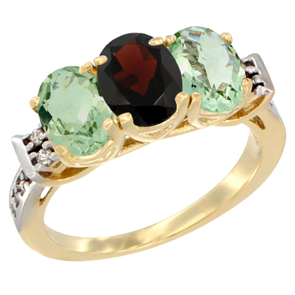 14K Yellow Gold Natural Garnet & Green Amethyst Sides Ring 3-Stone 7x5 mm Oval Diamond Accent, sizes 5 - 10