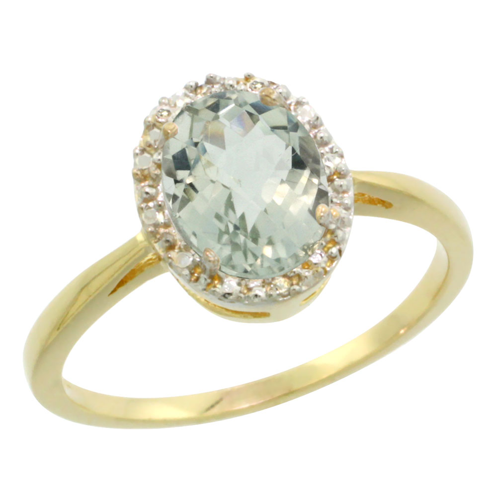 14K Yellow Gold Natural Green Amethyst Diamond Halo Ring Oval 8X6mm, sizes 5-10