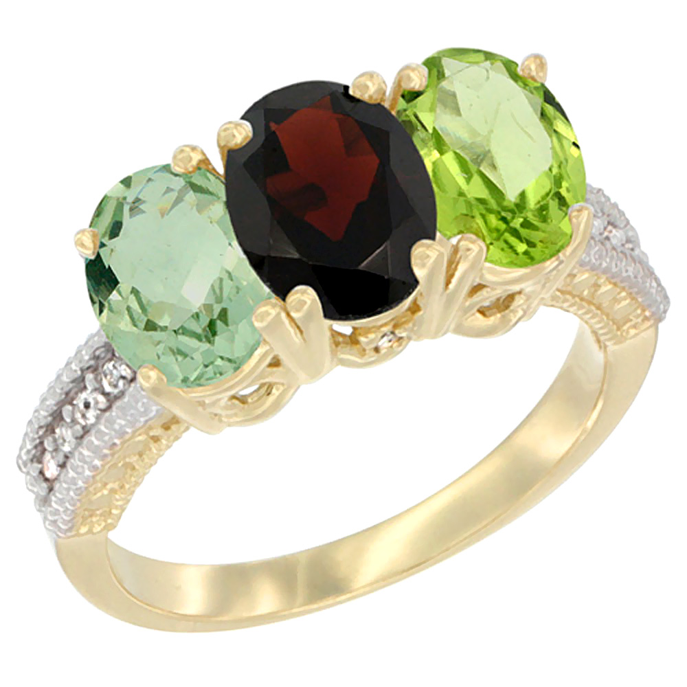 14K Yellow Gold Natural Green Amethyst, Garnet & Peridot Ring 3-Stone 7x5 mm Oval Diamond Accent, sizes 5 - 10