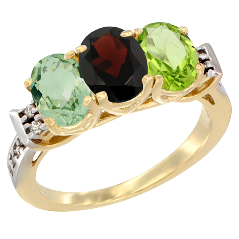 10K Yellow Gold Natural Green Amethyst, Garnet & Peridot Ring 3-Stone Oval 7x5 mm Diamond Accent, sizes 5 - 10