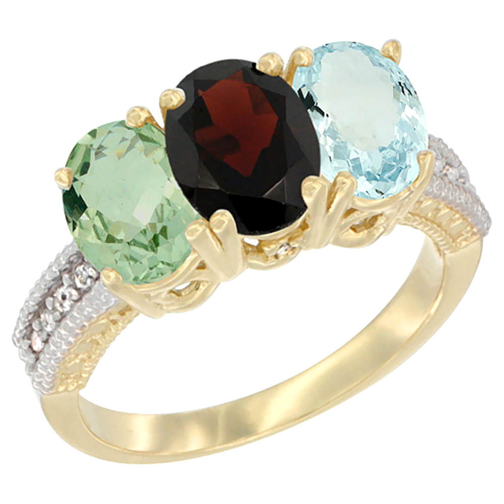 14K Yellow Gold Natural Green Amethyst, Garnet & Aquamarine Ring 3-Stone 7x5 mm Oval Diamond Accent, sizes 5 - 10