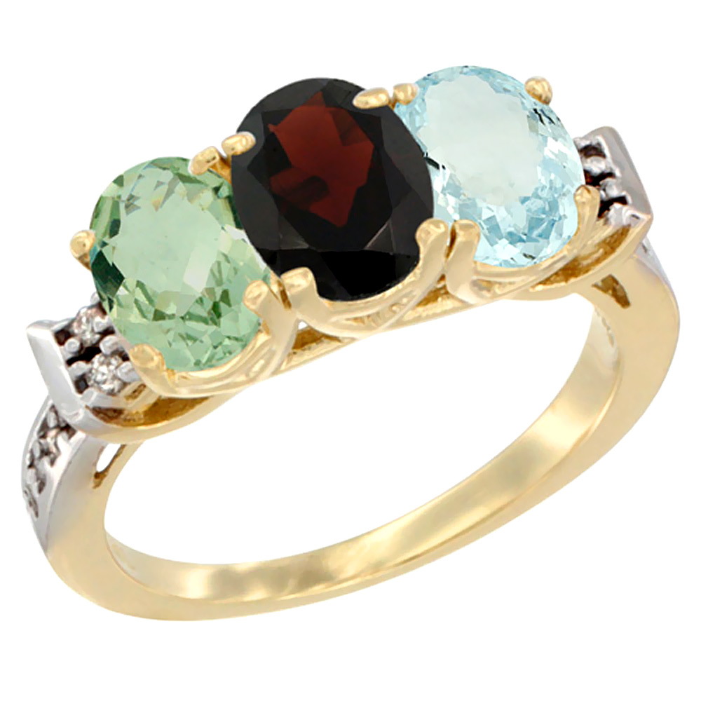 14K Yellow Gold Natural Green Amethyst, Garnet & Aquamarine Ring 3-Stone 7x5 mm Oval Diamond Accent, sizes 5 - 10