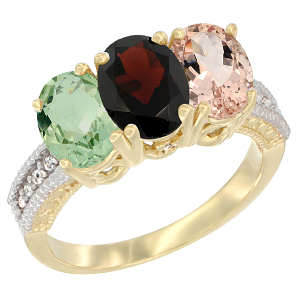 14K Yellow Gold Natural Green Amethyst, Garnet & Morganite Ring 3-Stone 7x5 mm Oval Diamond Accent, sizes 5 - 10