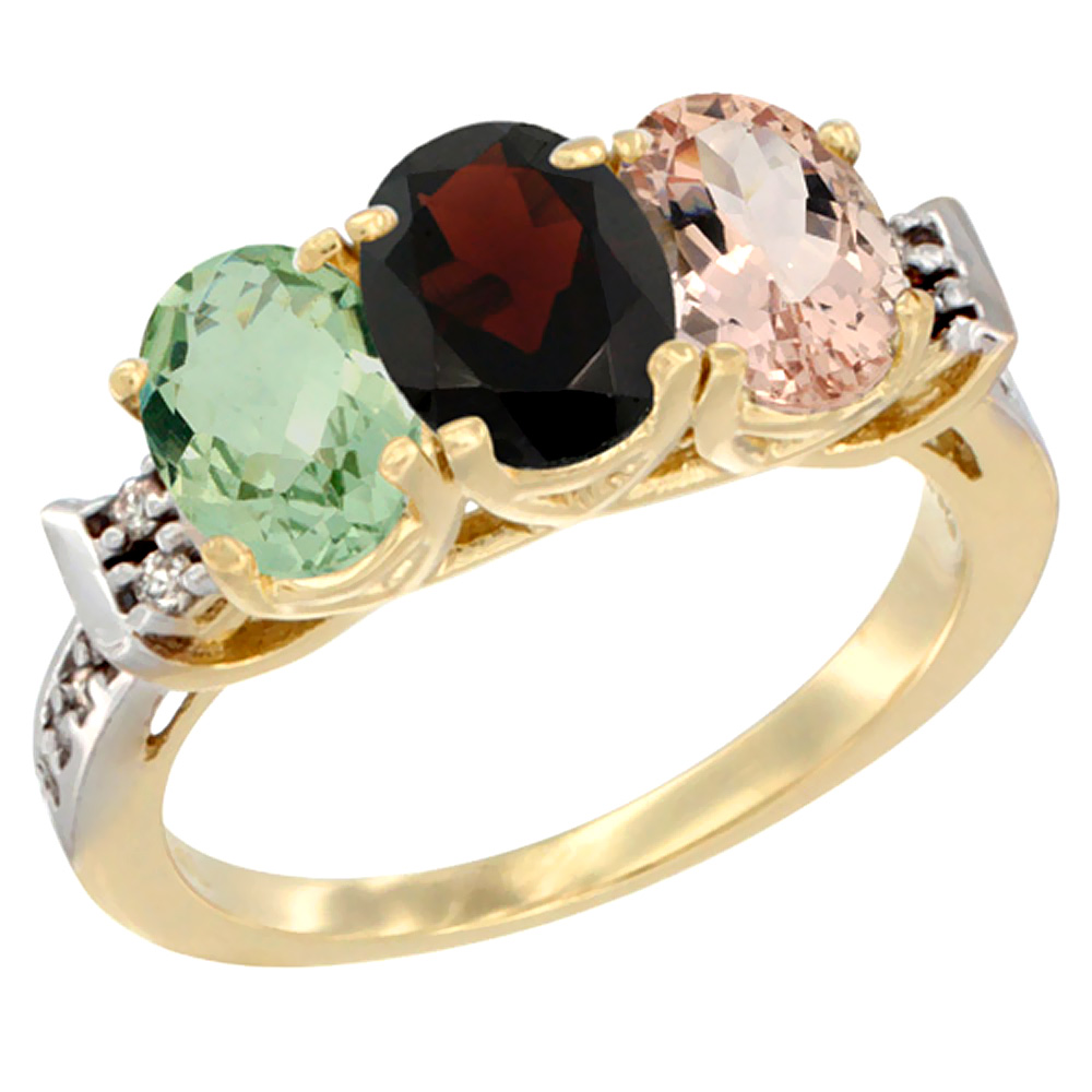 14K Yellow Gold Natural Green Amethyst, Garnet & Morganite Ring 3-Stone 7x5 mm Oval Diamond Accent, sizes 5 - 10