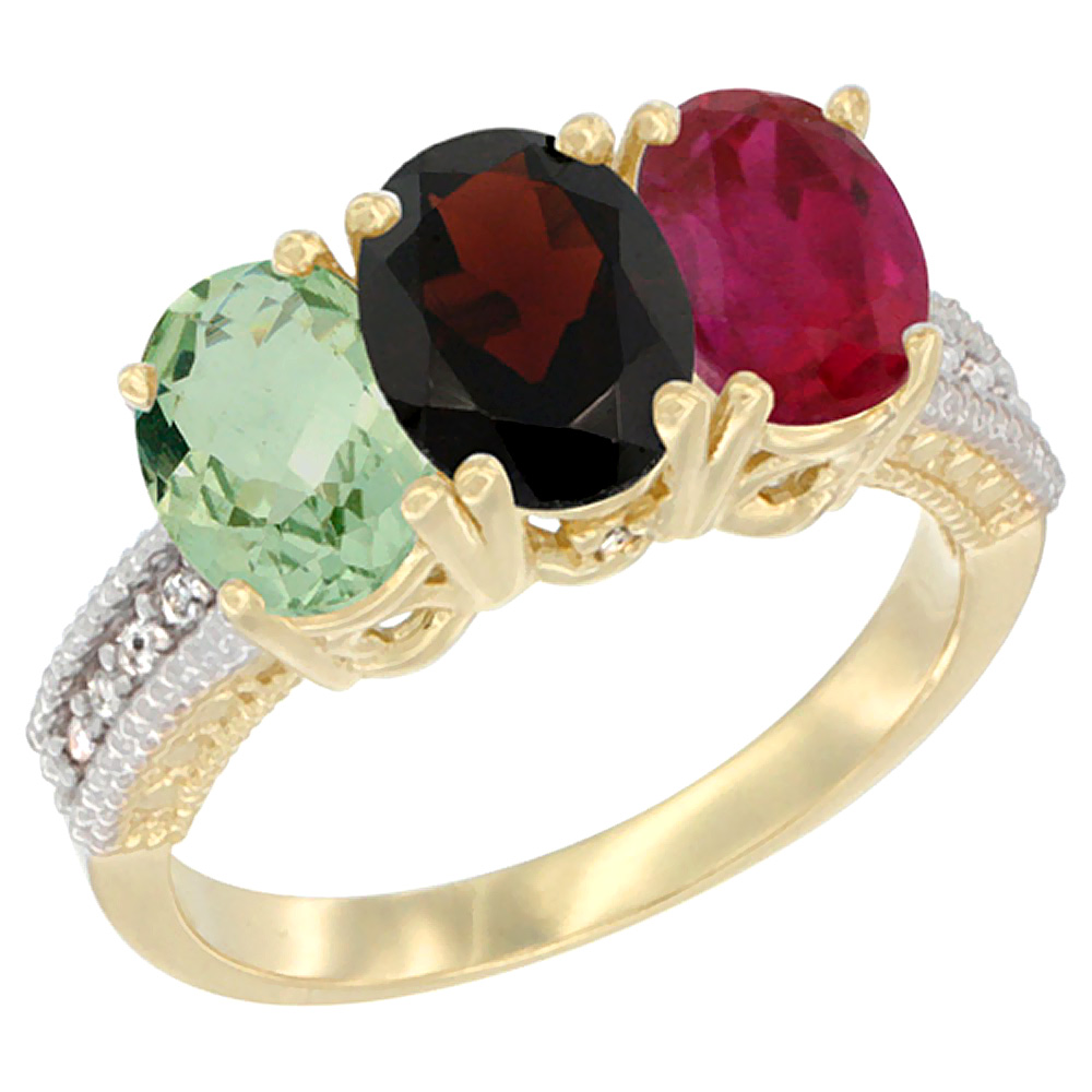 14K Yellow Gold Natural Green Amethyst, Garnet & Enhanced Ruby Ring 3-Stone 7x5 mm Oval Diamond Accent, sizes 5 - 10