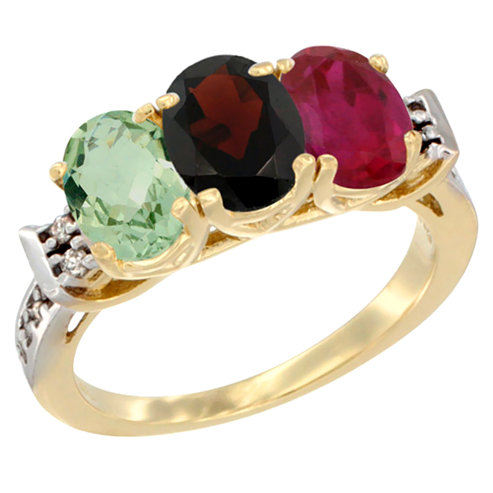 10K Yellow Gold Natural Green Amethyst, Garnet & Enhanced Ruby Ring 3-Stone Oval 7x5 mm Diamond Accent, sizes 5 - 10