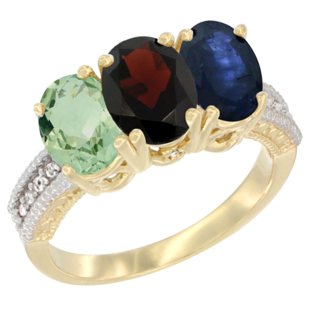 14K Yellow Gold Natural Green Amethyst, Garnet & Blue Sapphire Ring 3-Stone 7x5 mm Oval Diamond Accent, sizes 5 - 10