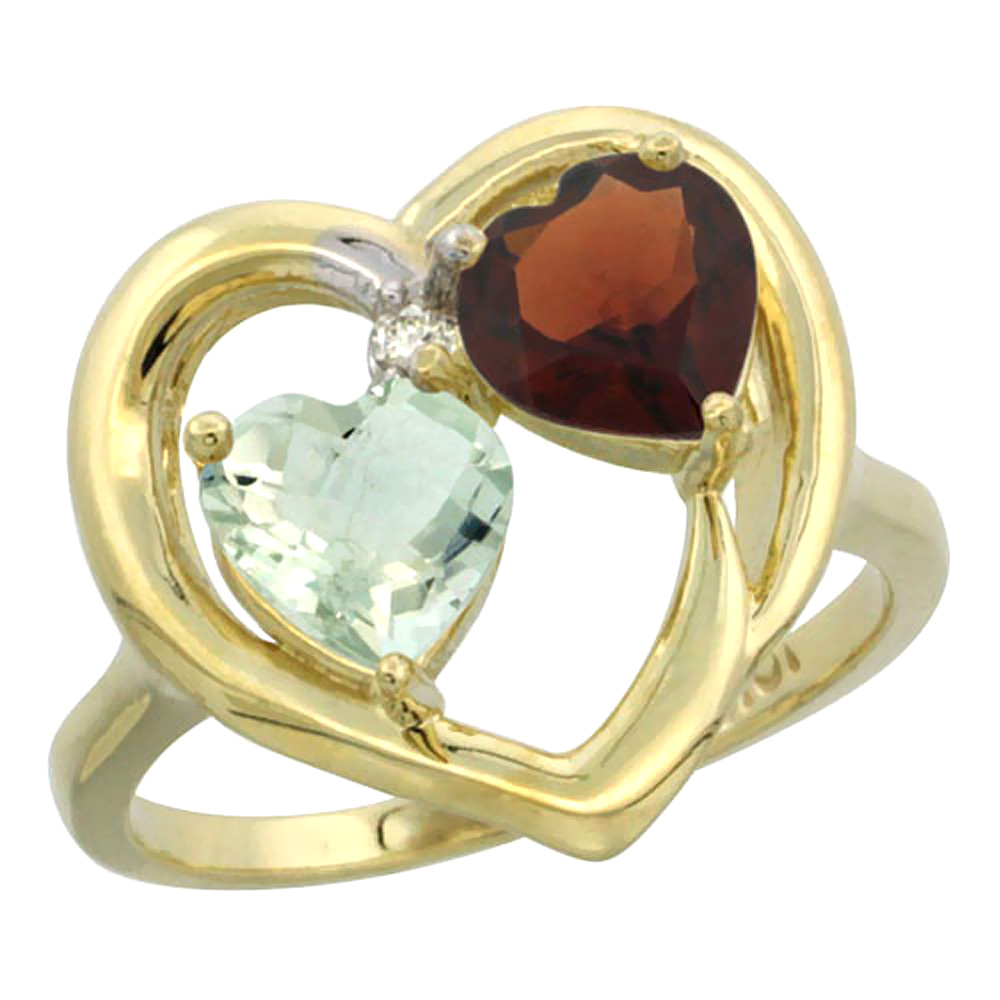 14K Yellow Gold Diamond Two-stone Heart Ring 6mm Natural Green Amethyst & Garnet, sizes 5-10