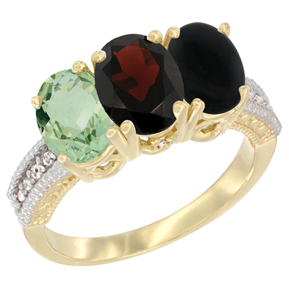 14K Yellow Gold Natural Green Amethyst, Garnet & Black Onyx Ring 3-Stone 7x5 mm Oval Diamond Accent, sizes 5 - 10