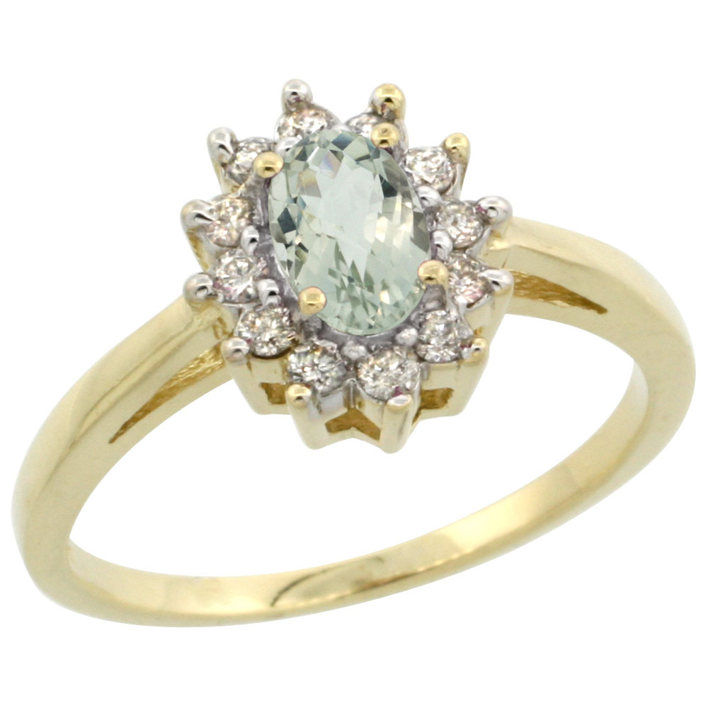 14K Yellow Gold Natural Green Amethyst Flower Diamond Halo Ring Oval 6x4 mm, sizes 5-10