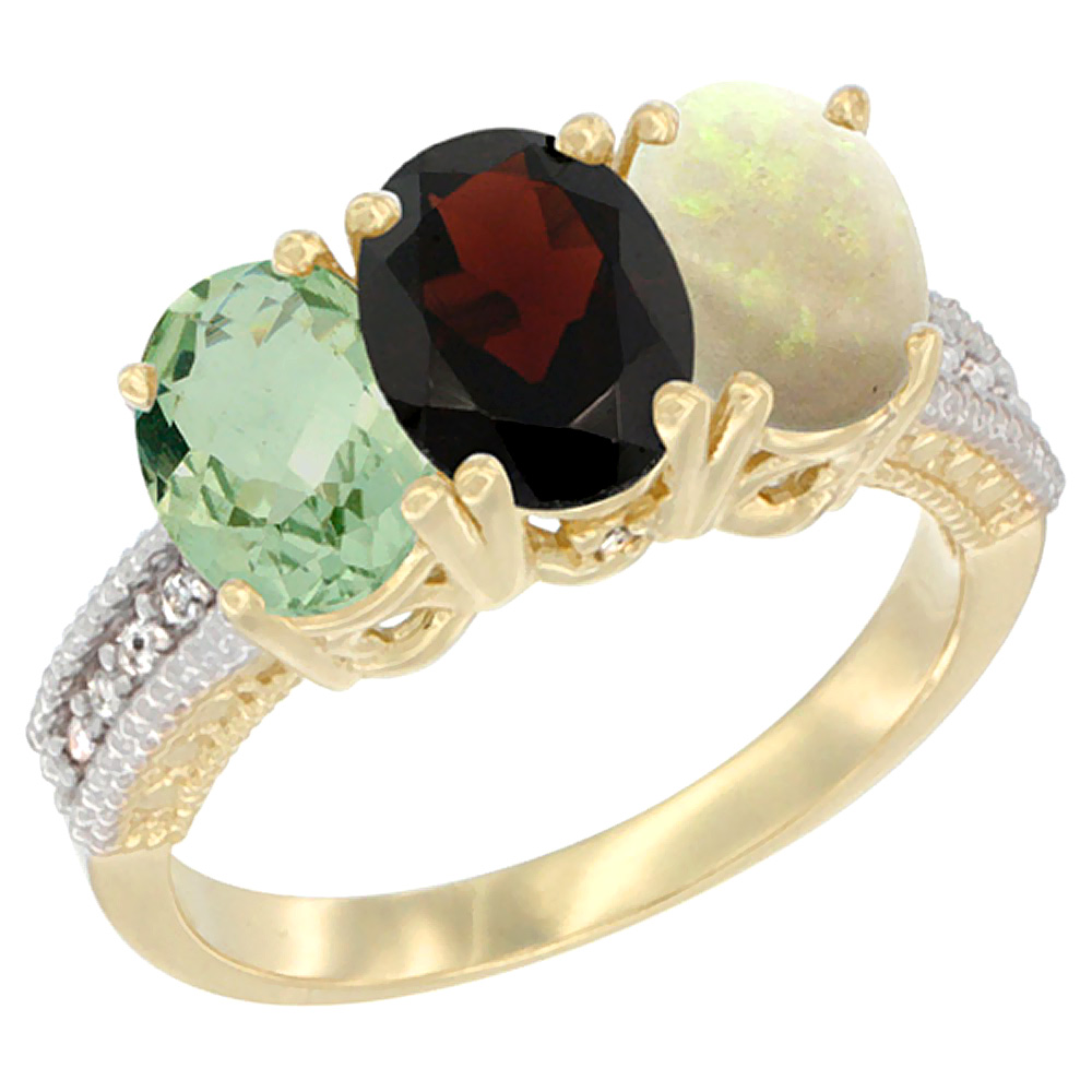 10K Yellow Gold Diamond Natural Green Amethyst, Garnet &amp; Opal Ring 3-Stone Oval 7x5 mm, sizes 5 - 10