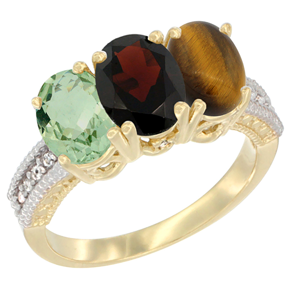 14K Yellow Gold Natural Green Amethyst, Garnet & Tiger Eye Ring 3-Stone 7x5 mm Oval Diamond Accent, sizes 5 - 10