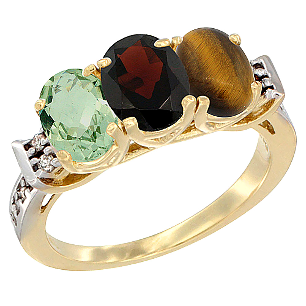 14K Yellow Gold Natural Green Amethyst, Garnet & Tiger Eye Ring 3-Stone 7x5 mm Oval Diamond Accent, sizes 5 - 10