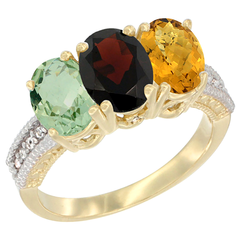 14K Yellow Gold Natural Green Amethyst, Garnet & Whisky Quartz Ring 3-Stone 7x5 mm Oval Diamond Accent, sizes 5 - 10