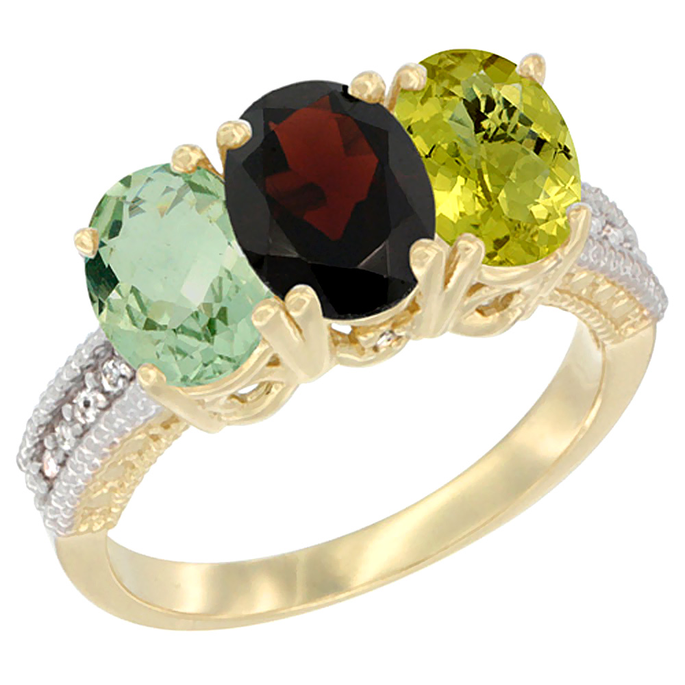 10K Yellow Gold Diamond Natural Green Amethyst, Garnet &amp; Lemon Quartz Ring 3-Stone Oval 7x5 mm, sizes 5 - 10