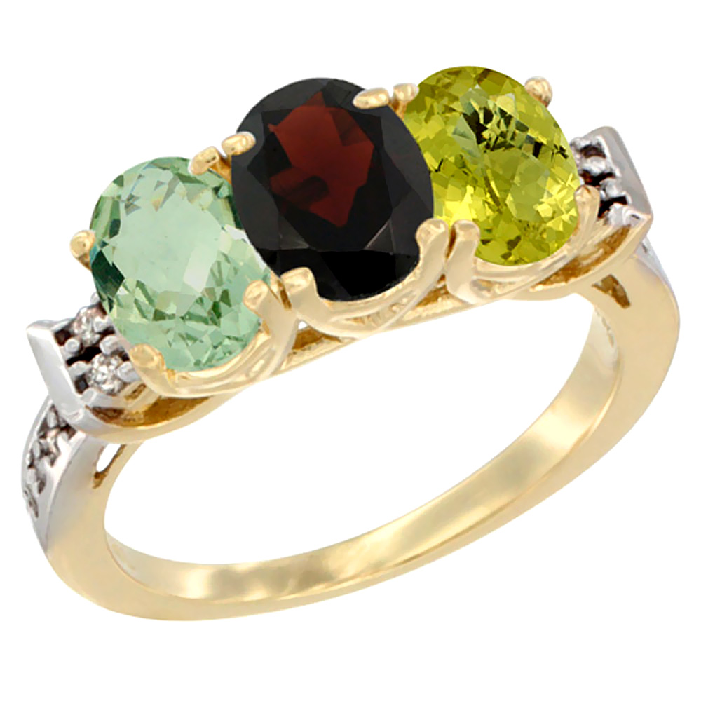 14K Yellow Gold Natural Green Amethyst, Garnet & Lemon Quartz Ring 3-Stone 7x5 mm Oval Diamond Accent, sizes 5 - 10