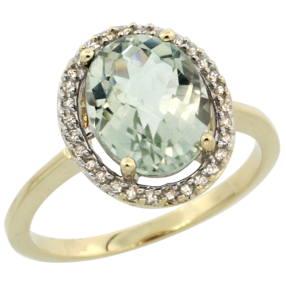 10K Yellow Gold Diamond Halo Natural Green Amethyst Engagement Ring Oval 10x8 mm, sizes 5-10