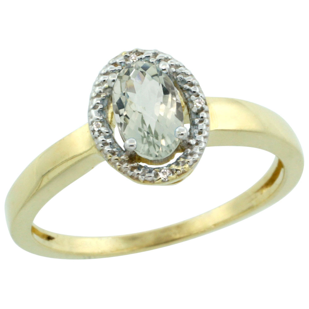 14K Yellow Gold Diamond Halo Natural Green Amethyst Engagement Ring Oval 6X4 mm, sizes 5-10