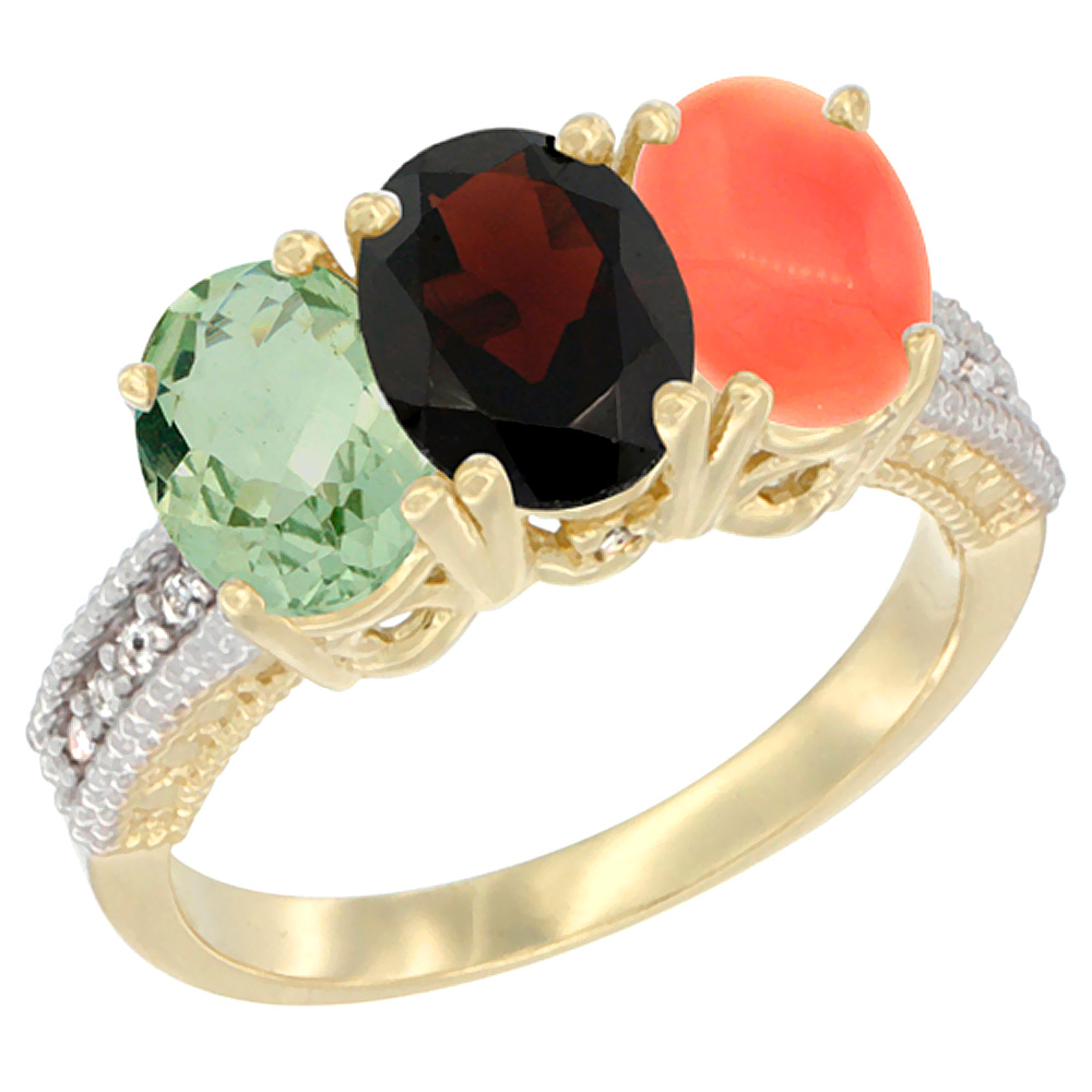 14K Yellow Gold Natural Green Amethyst, Garnet & Coral Ring 3-Stone 7x5 mm Oval Diamond Accent, sizes 5 - 10