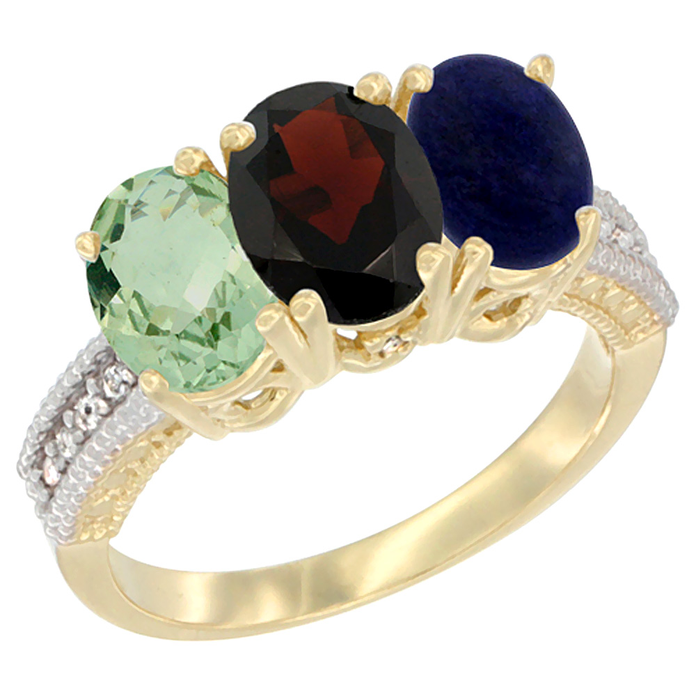 10K Yellow Gold Diamond Natural Green Amethyst, Garnet & Lapis Ring 3-Stone Oval 7x5 mm, sizes 5 - 10